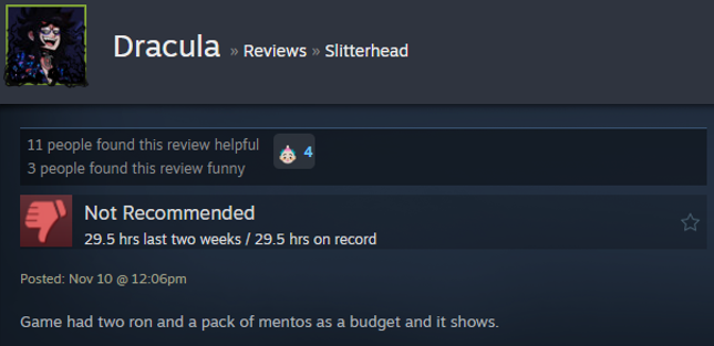 Screenshot showing a Steam user review of Slitterhead.